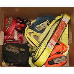 BOX OF TOW STRAPS AND TIE DOWNS