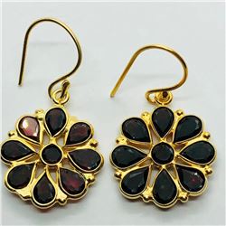 Silver Gold Plated Garnet Flower Shaped Earrings, Suggested Retail Value $160