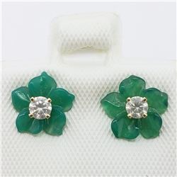 14K Yellow Gold Diamond Stud (Si2-I1)(0.2ct) Green Agate Flower Jacket Earrings (~weight 0.6g), Made