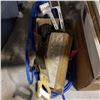 Image 1 : BOX OF CONCRETE TOOLS, MITRE SAW W/ BOX, AND BLUE COMPRESSOR HOSE