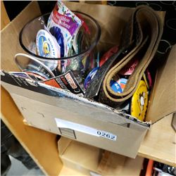 BOX OF NOVELTY PINS AND BELT