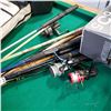 Image 2 : BUNDLE OF VINTAGE FISHING RODS W/ REELS AND ROLL UP FISHING TACKLE BOX