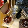 Image 3 : LOT OF GLASS VASES, METAL LAMP, DOME CLOCK, AND DECORATIVE PLATTERS