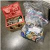 Image 1 : 2 BAGS OF PINS AND JEWELLERY BOX W/ JEWELLERY