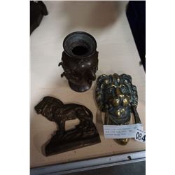 BRASS LION DOOR KNOCKER, CAST IRON LION DOOR STOP, AND EASTERN METAL VASE