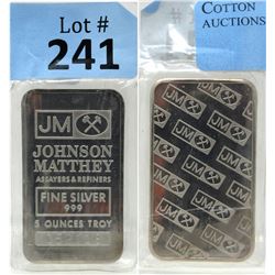 Rare Size 5 Oz Johnson Matthey .999 Silver Bar