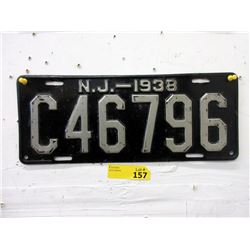 Rare USA 1938 New Jersey License Plate