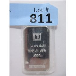 1 Oz.  .999 Fine Silver  TD Bank  Bar