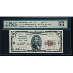 1929 $5 New York National Bank Note PMG 66EPQ