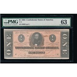 1864 $1 Confederate States of America Note PMG 63