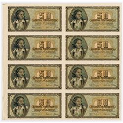 Bank of Greece, 1943 Inflation Issue Uncut sheet of 8 Progress Proof Specimen notes.