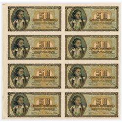 Bank of Greece, 1943 Inflation Issue Uncut sheet of 8 Progress Proof Specimen notes.