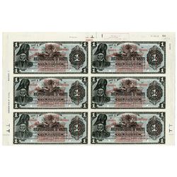 Banque De La Republique D'Haiti, 1919 Provisional Issue Uncut Partial Sheet of 6 Notes