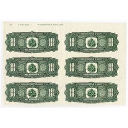 Banque De La Republique D'Haiti,1988 Proof Uncut Sheet of 6 notes With Small Printing Flaws Marked