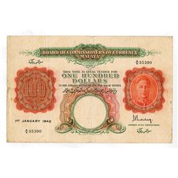 Board of Commissioners of Currency Malaya, 1942 $100 P-15 Issue Banknote.