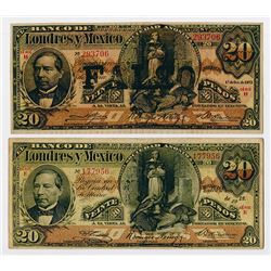 Banco De Londres y Mexico, Unlisted 1912 Date & 1913 Issued and Well Done Counterfeit Banknote Pair.