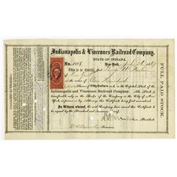 Indianapolis & Vincennes Railroad Co. 1869 Stock Certificate Signed by General Ambrose E Burnside as