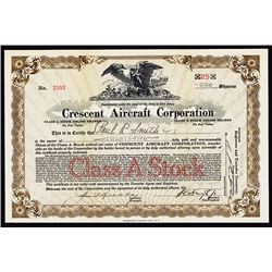 Crescent Aircraft Corp., 1929 Issued Stock Certificate.