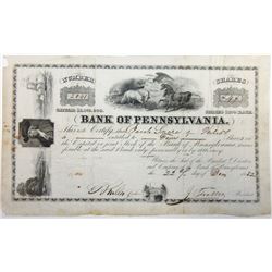 Bank of Pennsylvania, 1852 I/U Stock Certificate.