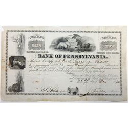 Bank of Pennsylvania, 1852 I/U Stock Certificate.