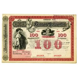 Banco Agricola, 1880's Specimen Coupon Bond.