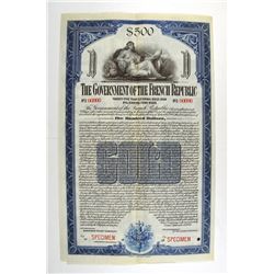 Government of the French Republic, 1920 Specimen Bond.