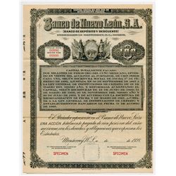 Banco de Nuevo Leon Sociedad Anonima, 1928 Specimen Stock/Bond.