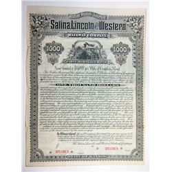 Salina, Lincoln and Western Railway Co., 1885 Specimen Coupon Bond.