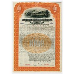 Charleston & Western Carolina Railway Co. 1914. Specimen Bond.