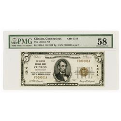 Clinton, CT., Clinton National Bank, $5 1929 Ty 1, Ch.# 1314, Serial Number 1.