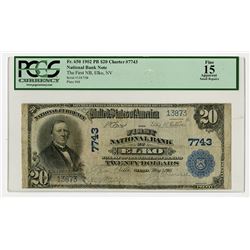 Elko, NV., First National Bank of Elko, $20 1902 PB, Ch.# 7743