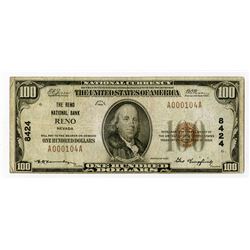 Reno, NV., Reno National Bank, $100 1929 Ty 1, Ch.# 8424