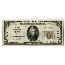 Reno, NV., Reno National Bank, $20 1929 Ty 1, Ch.# 8424