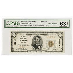 Buffalo, NY., Lincoln NB in Buffalo, $5 1929 Ty 1, Ch.# 13219, Serial Number 1.