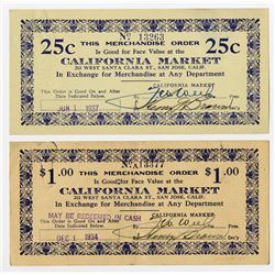 California Market, San Jose, 1934 & 1937 Depression Scrip Pair from Silicon Valley.