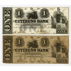 Citizens Bank 1862 Pair from Washington, D.C, and Worcester, MA. 1852 Obsolete Banknote Pair.