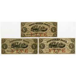 Obsolete Banknote Trio, ca.1862 with Similar Designs but Different Banks.