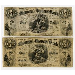 Farmers' and Drovers' Bank Obsolete Banknote Pair from New York and Indiana. 1858 Obsolete Notes.