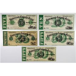 Somerville, NJ. Somerset County Bank, Culver Barcalow. 1862. Quintet of Obsolete Notes.