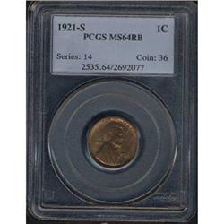 1921-S 1C Lincoln Cent PCGS MS64RB