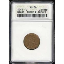 1941 Lincoln 1c Brass Thick Planchet ANACS AU50