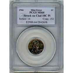 1966 Lincoln Cent PCGS Mint Error MS64