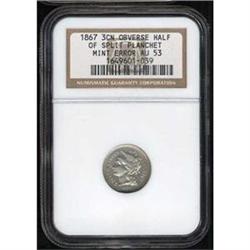 1867 3CN NGC AU53 Split Planchet Mint Error