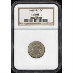 1866 5C RAYS NICKELS NGC MS65