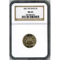 1867 5C NO RAYS NICKEL NGC MS65