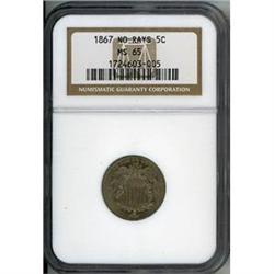 1867 5C NO RAYS NICKEL NGC MS65