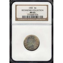 1901 5C NICKELS NGC MS65