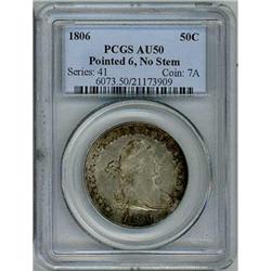 1806 Draped Bust Half Dollar Pointed 6, No Stem PCGS AU