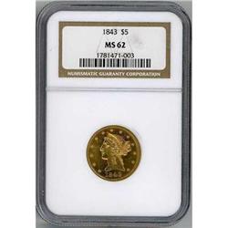 1843 $5 Liberty Head NGC MS62