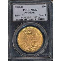 1908-D $20 NO MOT ST. GAUDEN PCGS MS63